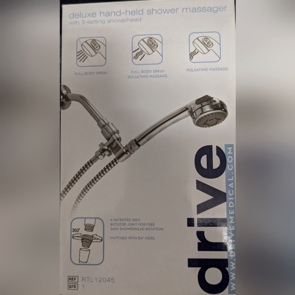 NWT drive Deluxe Hand-Held Shower Massager w 3-Setting Showerhead 84" Hose
